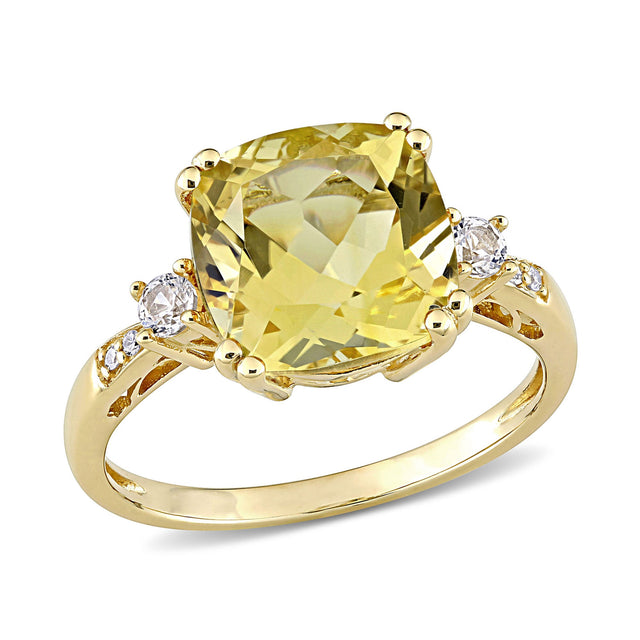 Cushion Citrine, Created White Sapphire, and Diamond Accent Yellow Gold Ring - Size 10