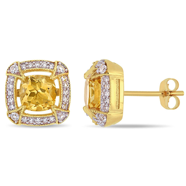 Cushion Citrine, White Sapphire, and 1/5ctw Diamond Yellow Gold Stud Earrings