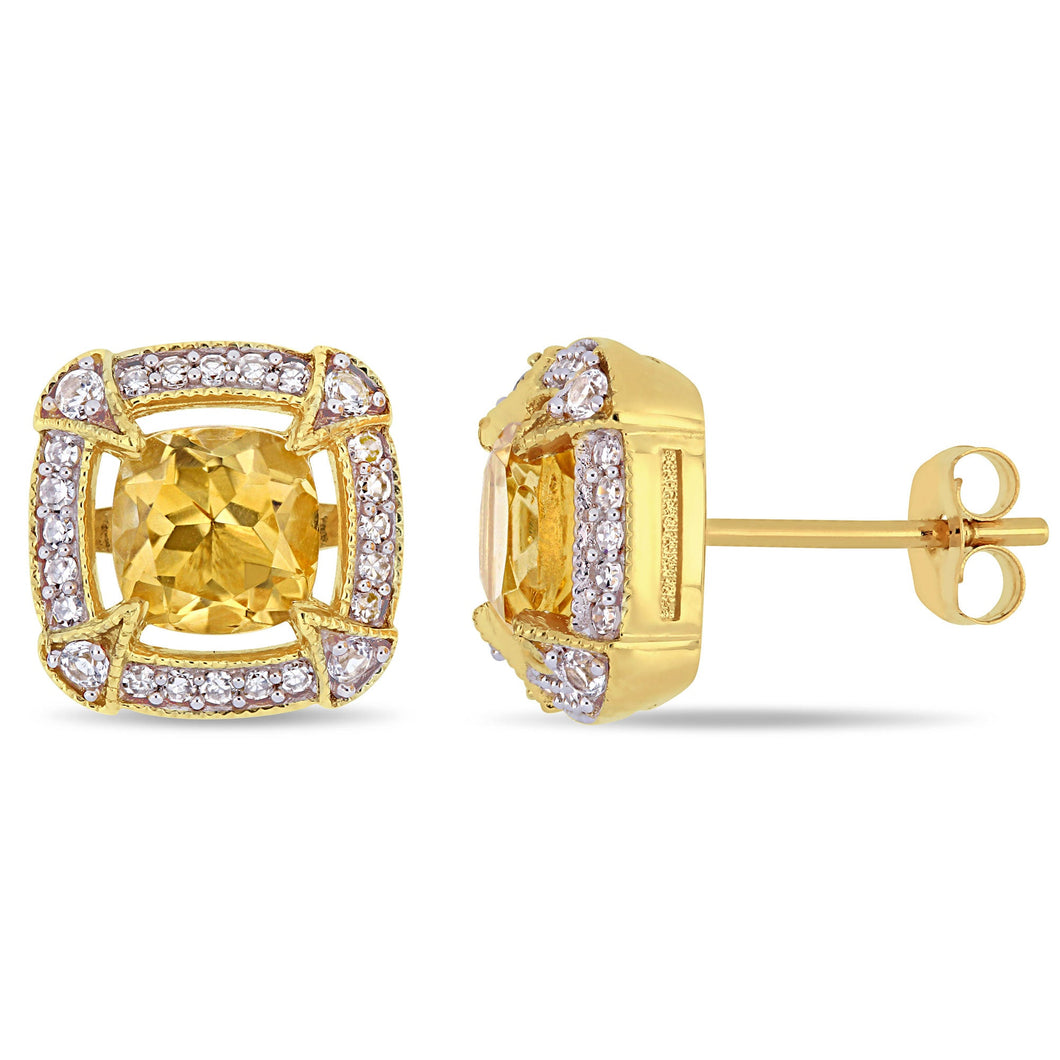 Cushion Citrine, White Sapphire, and 1/5ctw Diamond Yellow Gold Stud Earrings
