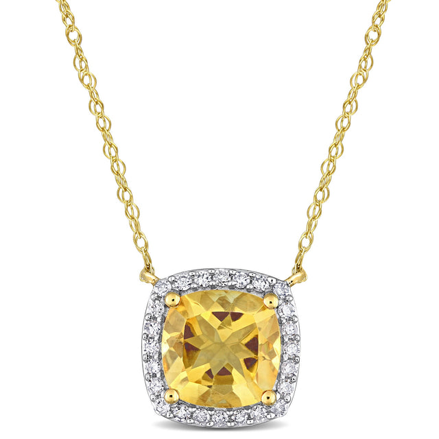 Cushion Citrine and 1/8ctw Diamond Halo Yellow Gold Pendant Necklace