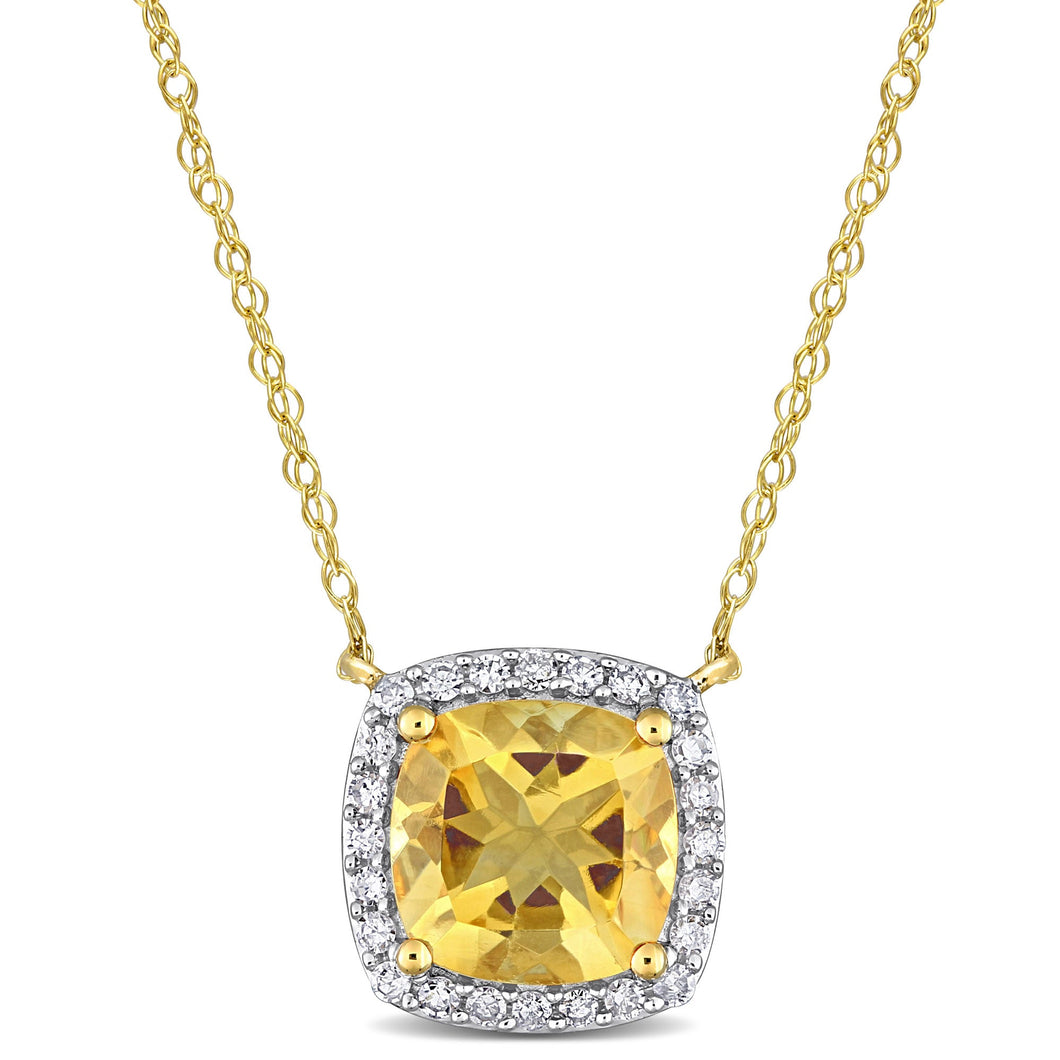 Cushion Citrine and 1/8ctw Diamond Halo Yellow Gold Pendant Necklace