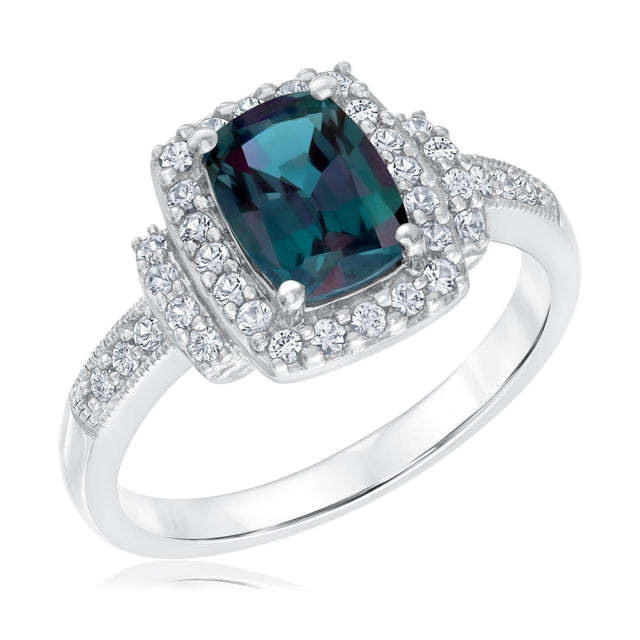 Cushion Created Alexandrite and Created White Sapphire Ring