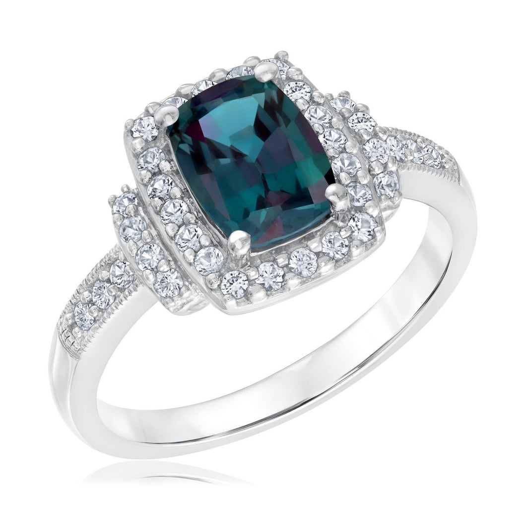 Cushion Created Alexandrite and Created White Sapphire Ring