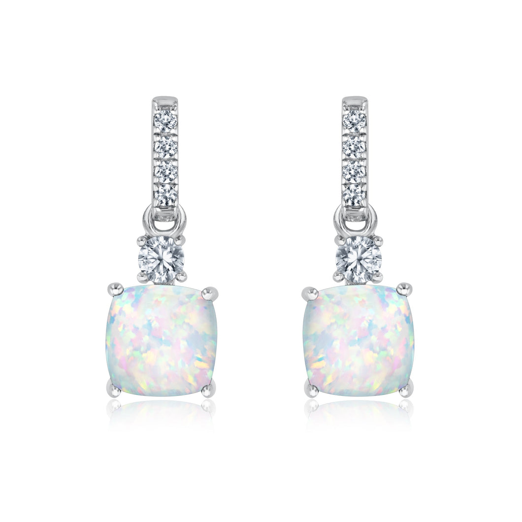 Cushion Created Opal and Created White Sapphire Sterling Silver Drop Earrings