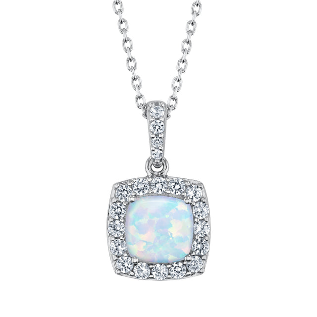 Cushion Created Opal and Created White Sapphire Sterling Silver Pendant Necklace