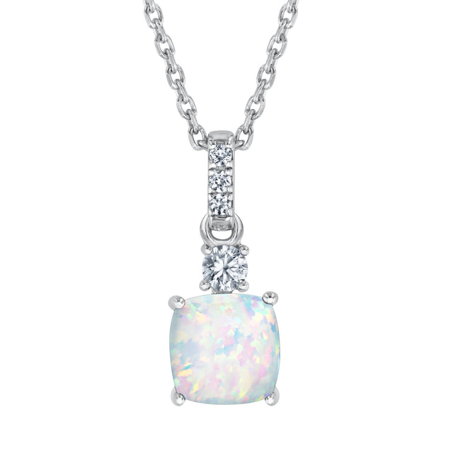Cushion Created Opal and Created White Sapphire Sterling Silver Pendant Necklace