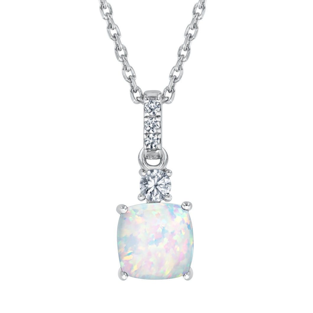 Cushion Created Opal and Created White Sapphire Sterling Silver Pendant Necklace