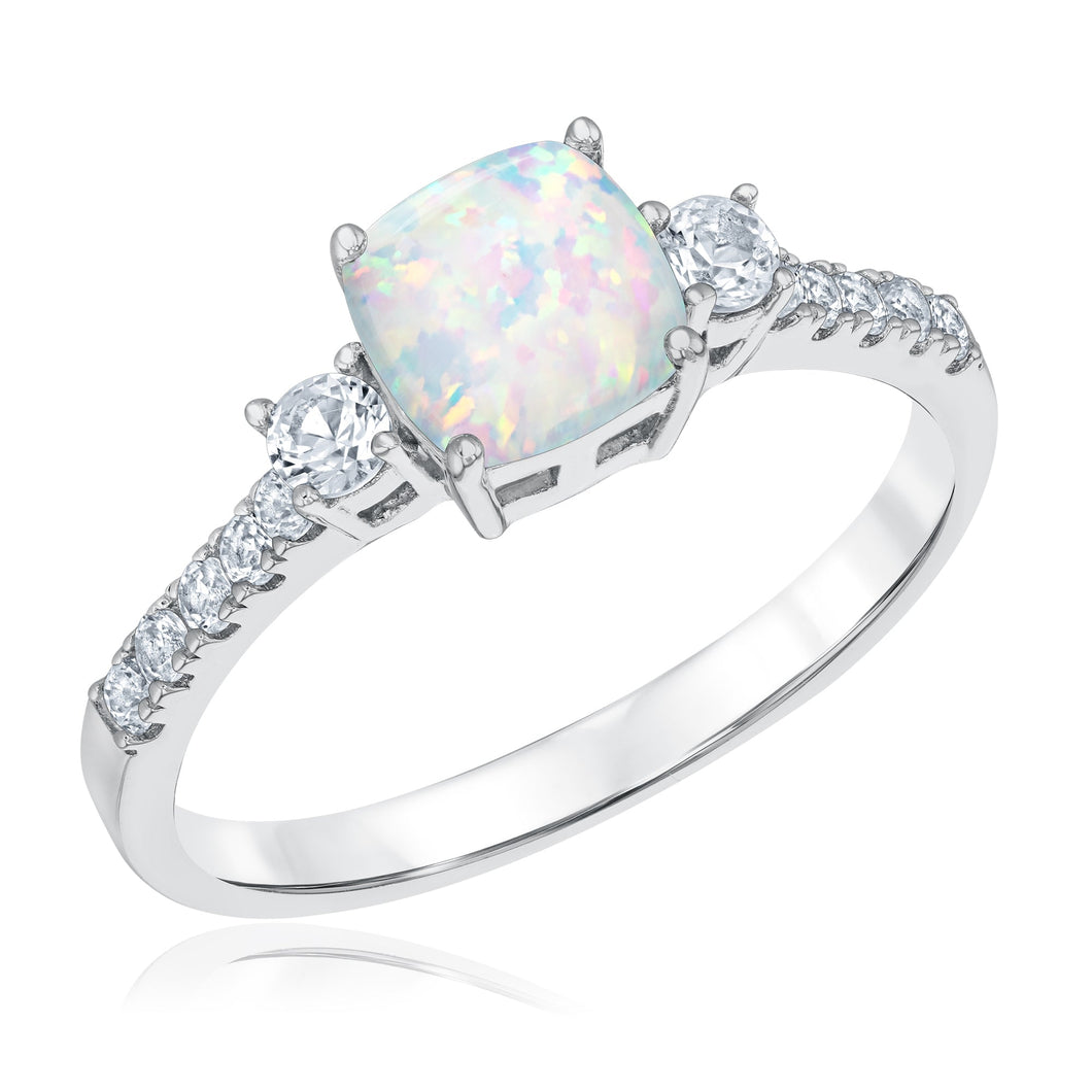 Cushion Created Opal and Created White Sapphire Sterling Silver Ring
