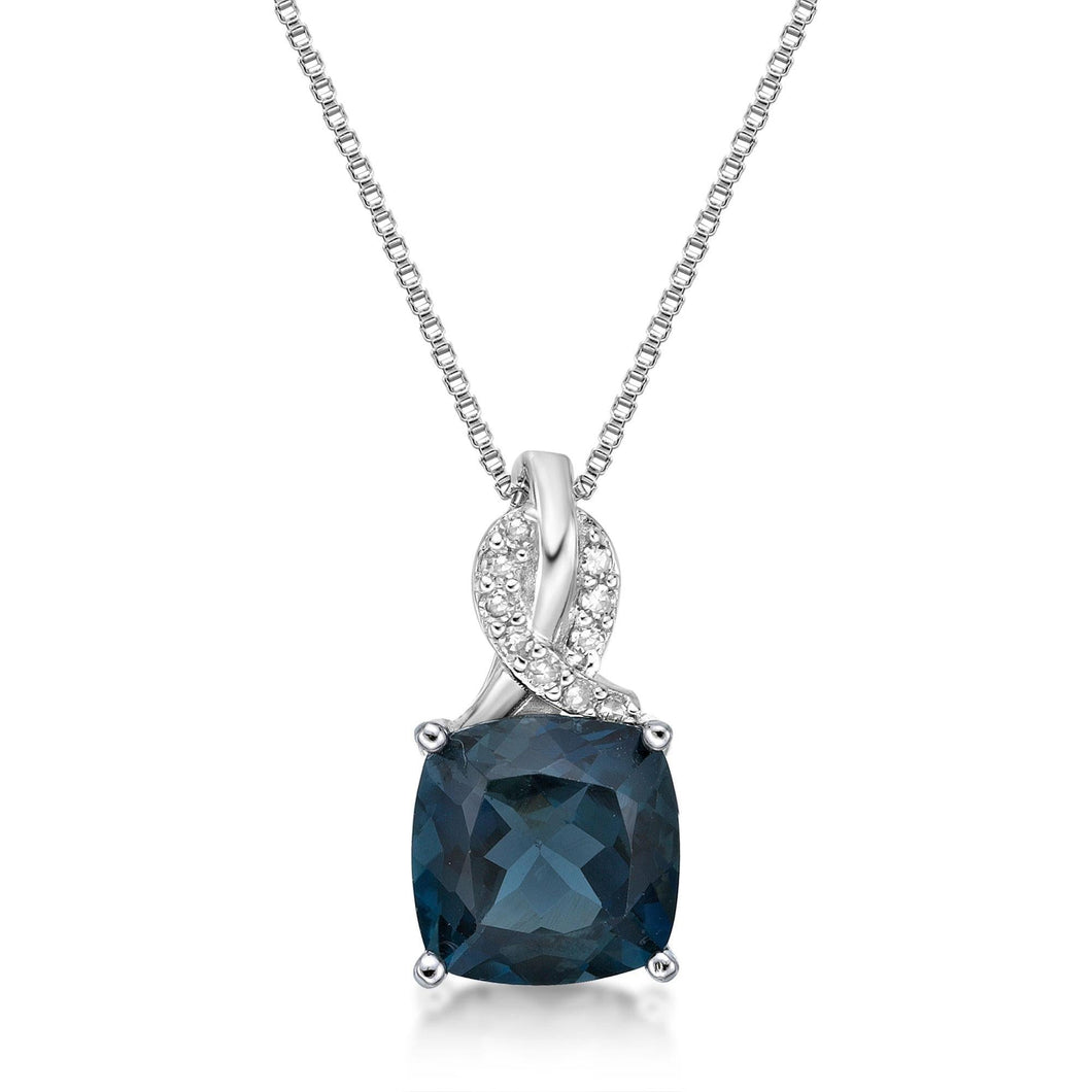 Cushion-Cut London Blue Topaz and Diamond Twist Sterling Silver Pendant Necklace