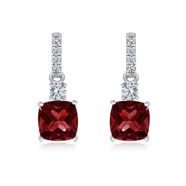 Cushion Garnet and Created White Sapphire Sterling Silver Drop Earrings
