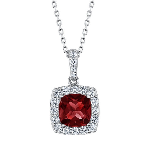 Cushion Garnet and Created White Sapphire Sterling Silver Pendant Necklace