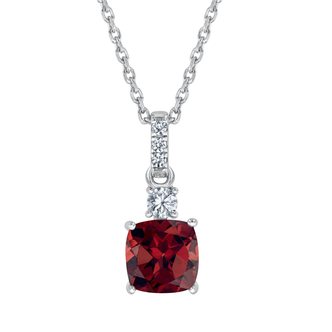 Cushion Garnet and Created White Sapphire Sterling Silver Pendant Necklace