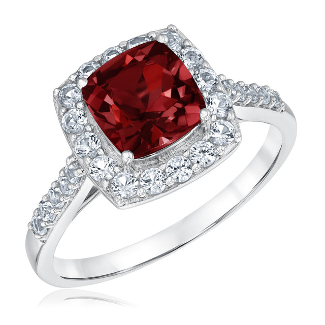 Cushion Garnet and Created White Sapphire Sterling Silver Ring