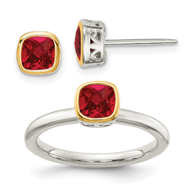 Cushion Lab Created Ruby Two-Tone Yellow Gold and Sterling Silver Stud Earring and Ring Set | Size 6