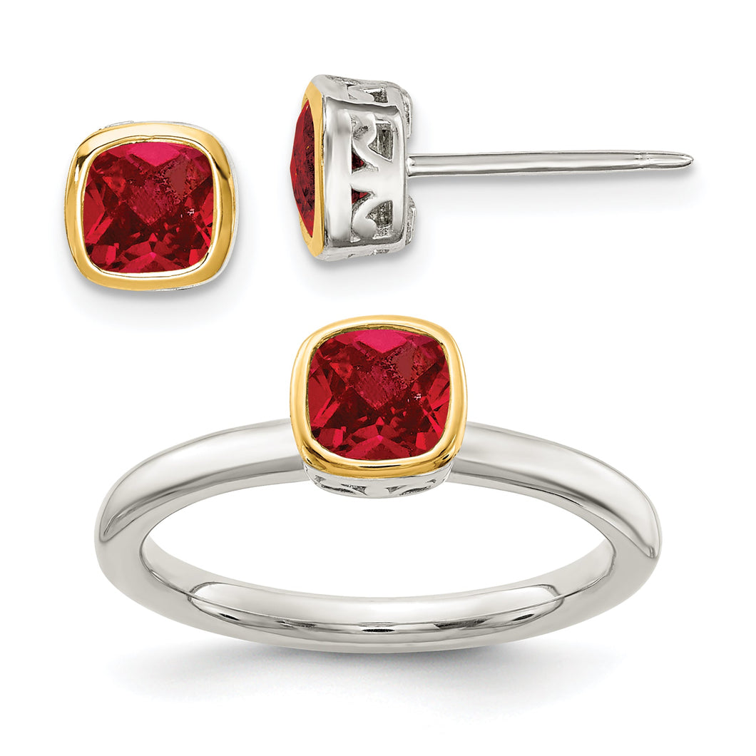 Cushion Lab Created Ruby Two-Tone Yellow Gold and Sterling Silver Stud Earring and Ring Set | Size 6