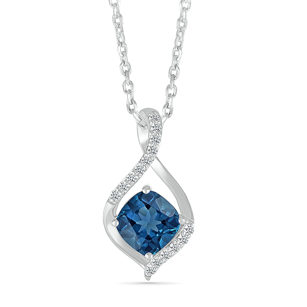 Cushion London Blue Topaz and 1/8ctw Diamond Sterling Silver Pendant Necklace