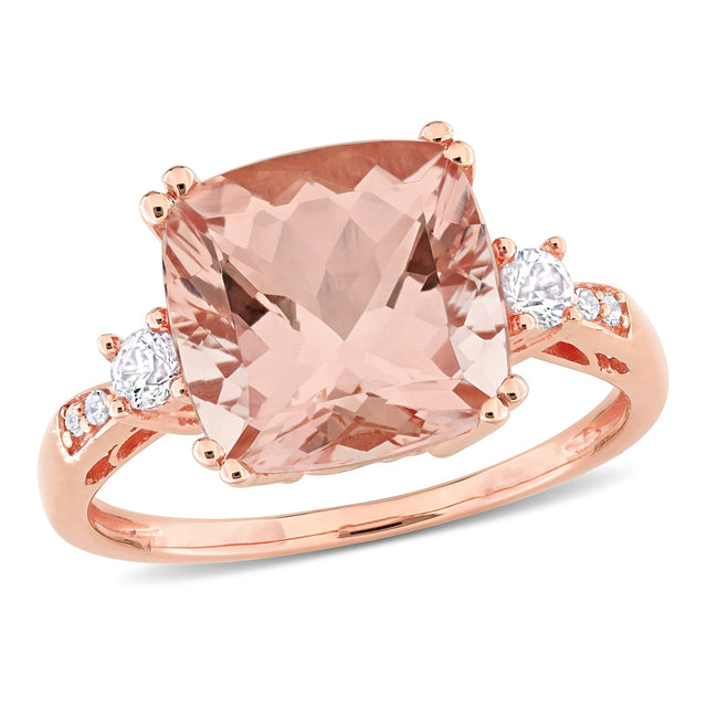 Cushion Morganite Created White Sapphire and Diamond Accent Rose Gold Cocktail Ring - Size 4.5