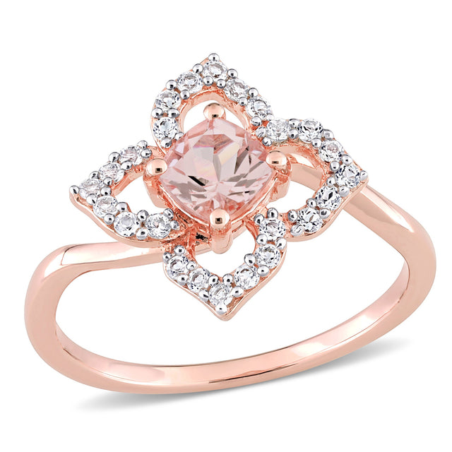 Cushion Morganite and White Topaz Floral Rose Plated Sterling Silver Ring - Size 5.5