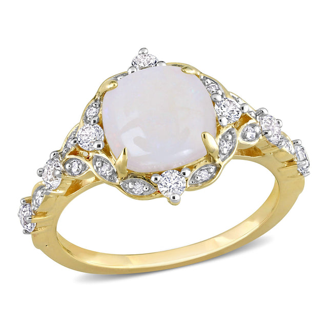 Cushion Opal, White Sapphire, and 1/20ctw Diamond Yellow Gold Ring | Size 10