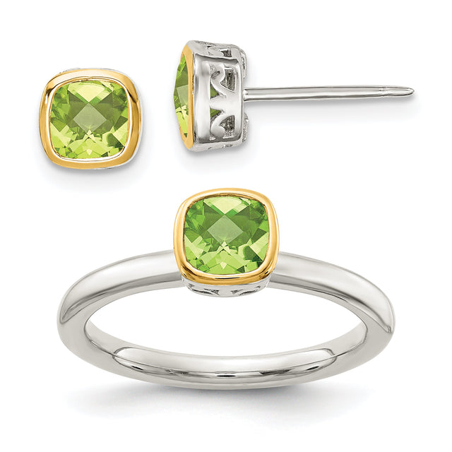 Cushion Peridot Two-Tone Yellow Gold and Sterling Silver Stud Earring and Ring Set | Size 6