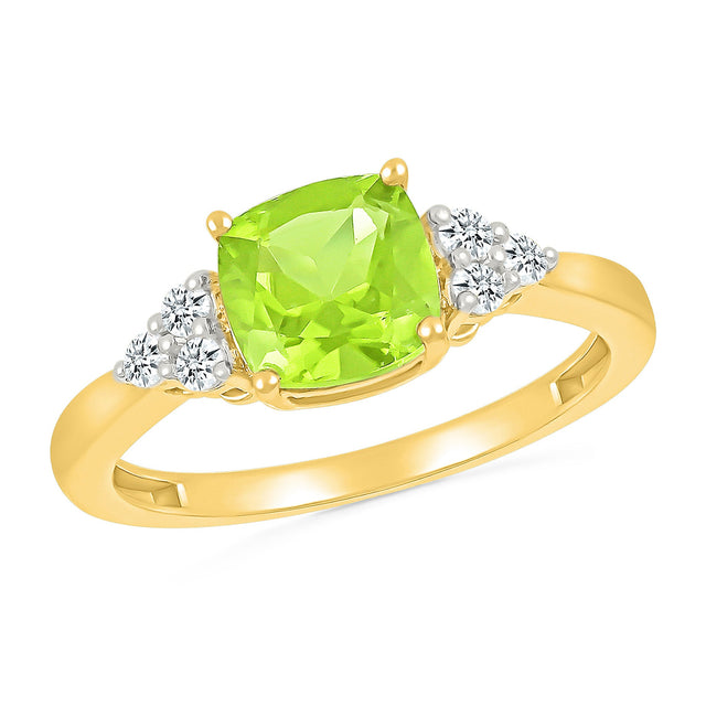 Cushion Peridot and Created White Sapphire Yellow Gold Promise Ring - Size 5