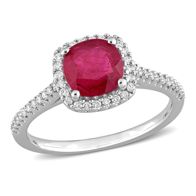 Cushion Ruby and 1/4ctw Diamond White Gold Halo Ring - Size 5