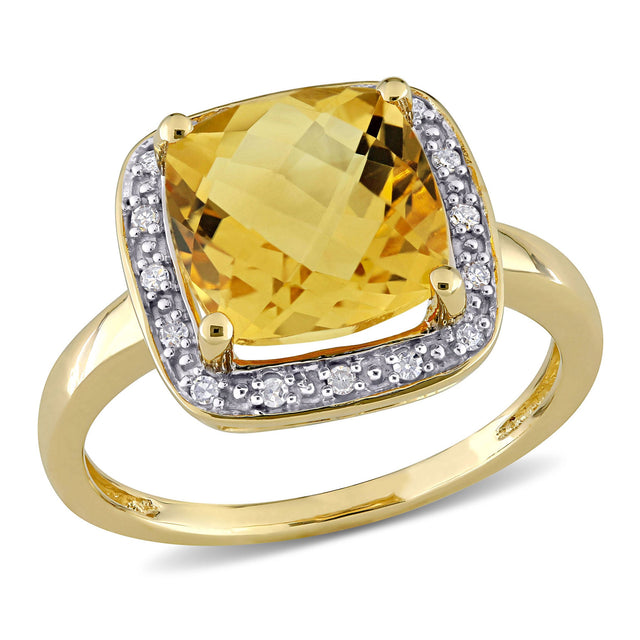 Cushion-Shaped Citrine and 1/10ctw Diamond Yellow Gold Ring - Size 5