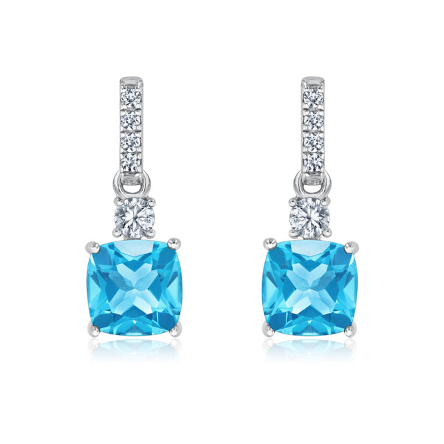 Cushion Swiss Blue Topaz and Created White Sapphire Sterling Silver Drop Earrings