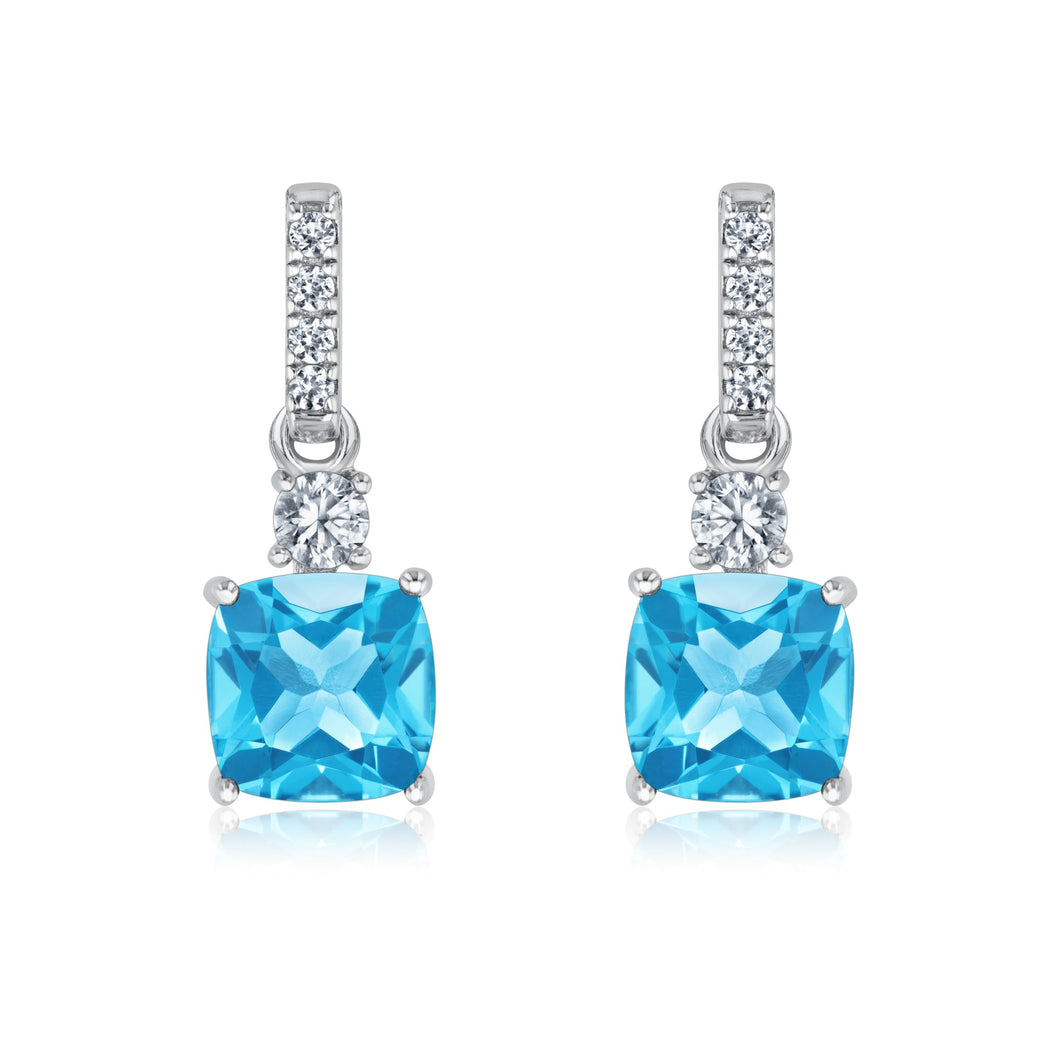 Cushion Swiss Blue Topaz and Created White Sapphire Sterling Silver Drop Earrings