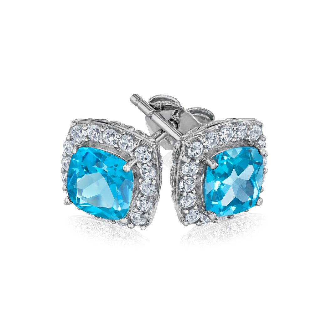 Cushion Swiss Blue Topaz and Created White Sapphire Sterling Silver Earrings