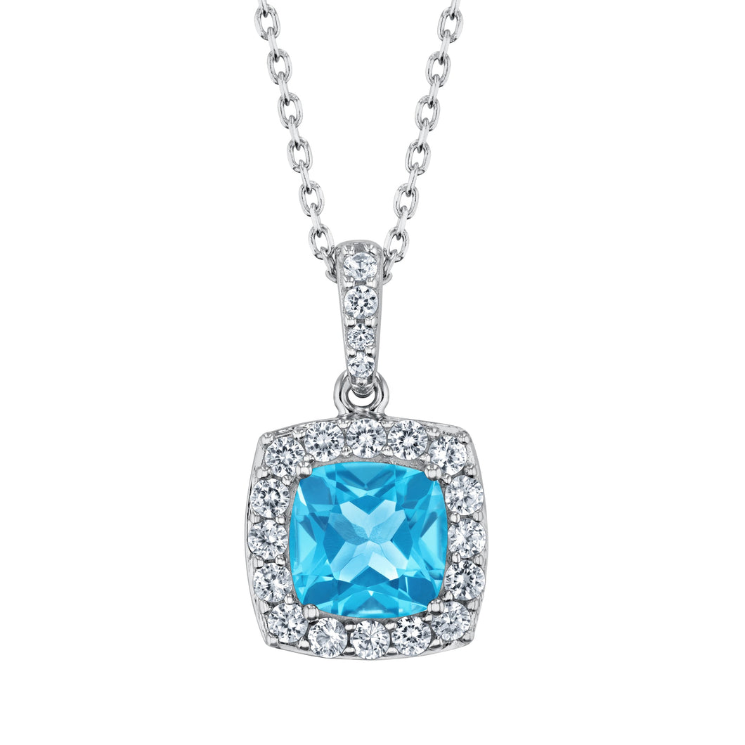 Cushion Swiss Blue Topaz and Created White Sapphire Sterling Silver Pendant Necklace