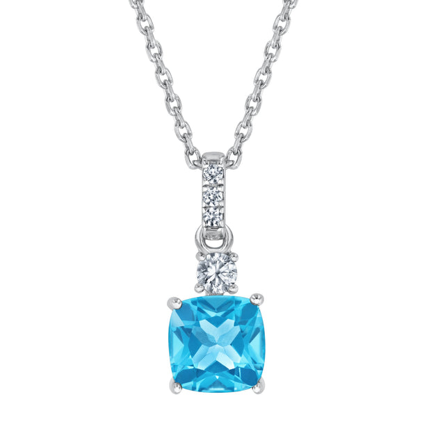 Cushion Swiss Blue Topaz and Created White Sapphire Sterling Silver Pendant Necklace