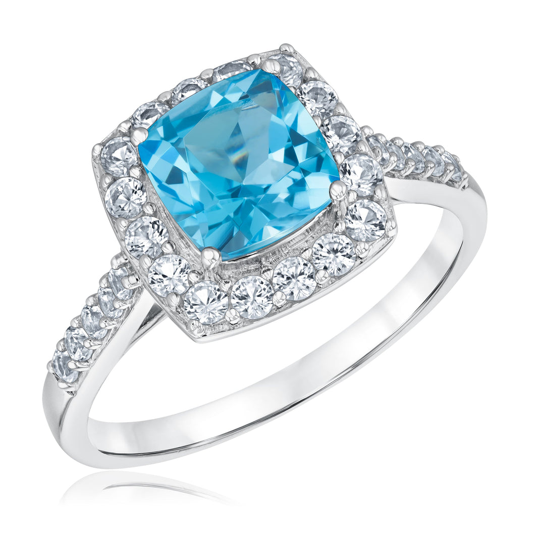 Cushion Swiss Blue Topaz and Created White Sapphire Sterling Silver Ring