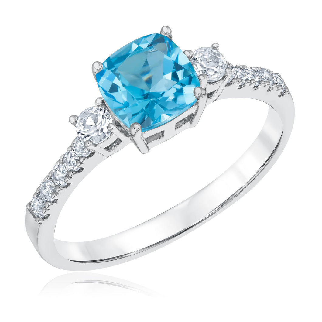 Cushion Swiss Blue Topaz and Created White Sapphire Sterling Silver Ring