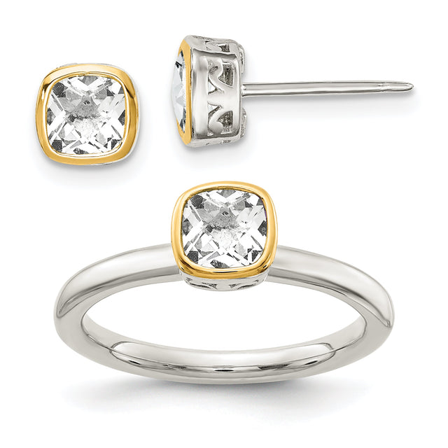 Cushion White Topaz Two-Tone Yellow Gold and Sterling Silver Stud Earring and Ring Set | Size 6