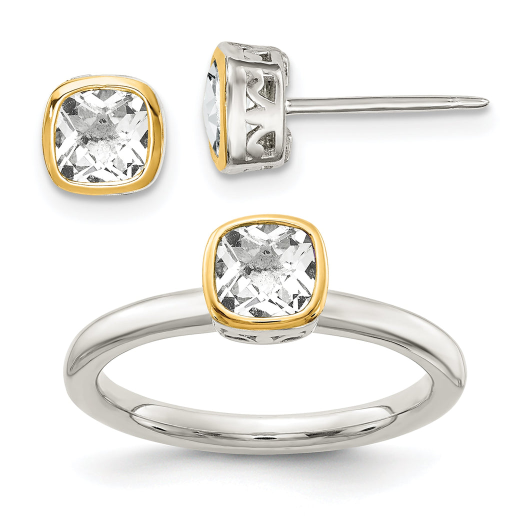 Cushion White Topaz Two-Tone Yellow Gold and Sterling Silver Stud Earring and Ring Set | Size 6