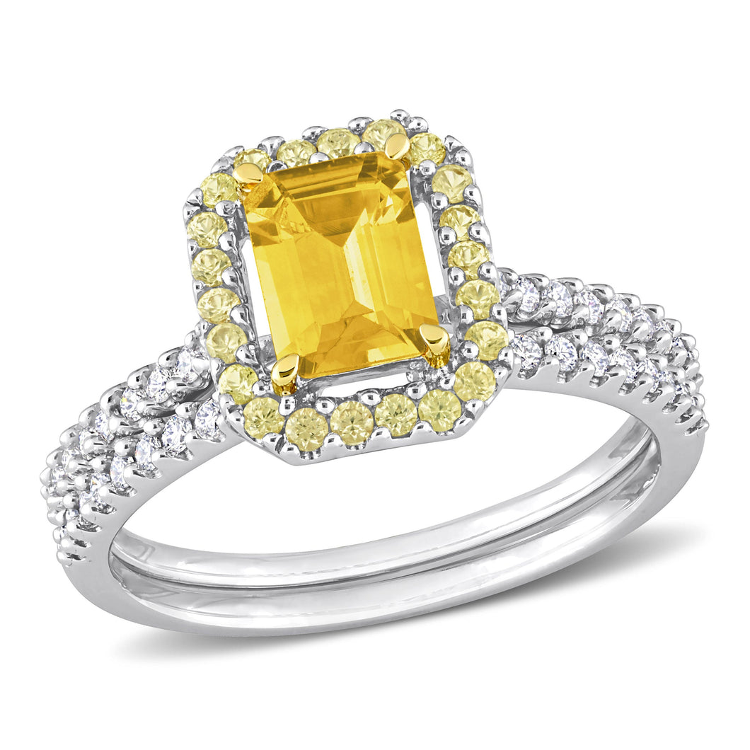 Cushion Yellow Sapphire and 1/4ctw Diamond White Gold Gemstone Bridal Set | Size 7