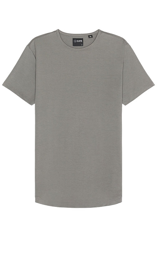 Cuts Ao Curve-hem Tee in Grey - Cuts Ao - T-shirt à ourlet incurvé en gris - Cuts Ao 曲线下摆灰色 T 恤 - Cuts Ao T-Shirt mit geschwungenem Saum in Grau - Cuts Ao 커브헴 티셔츠 그레이 색상 - Taglia la maglietta con orlo curvo Ao in grigio