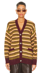 DAYDREAMER Stripe Cardigan in Wine - DAYDREAMER Cardigan rayé en vin - DAYDREAMER 酒红色条纹开衫 - DAYDREAMER Streifen-Cardigan in Wein - DAYDREAMER 스트라이프 가디건 와인 - Cardigan a righe DAYDREAMER color vino