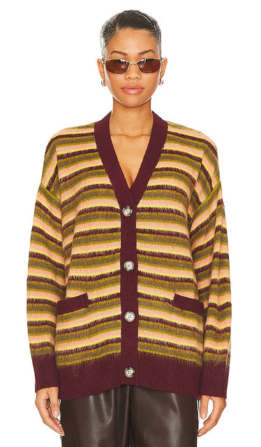 DAYDREAMER Stripe Cardigan in Wine - DAYDREAMER Cardigan rayé en vin - DAYDREAMER 酒红色条纹开衫 - DAYDREAMER Streifen-Cardigan in Wein - DAYDREAMER 스트라이프 가디건 와인 - Cardigan a righe DAYDREAMER color vino