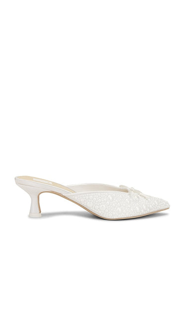 Dolce Vita Claytn Pearl Heel in White | True White Satin Closed Toe Mules for Women
