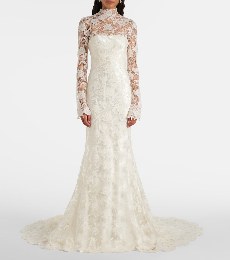 Danielle Frankel Bridal Adena floral lace-trimmed wool and silk gown