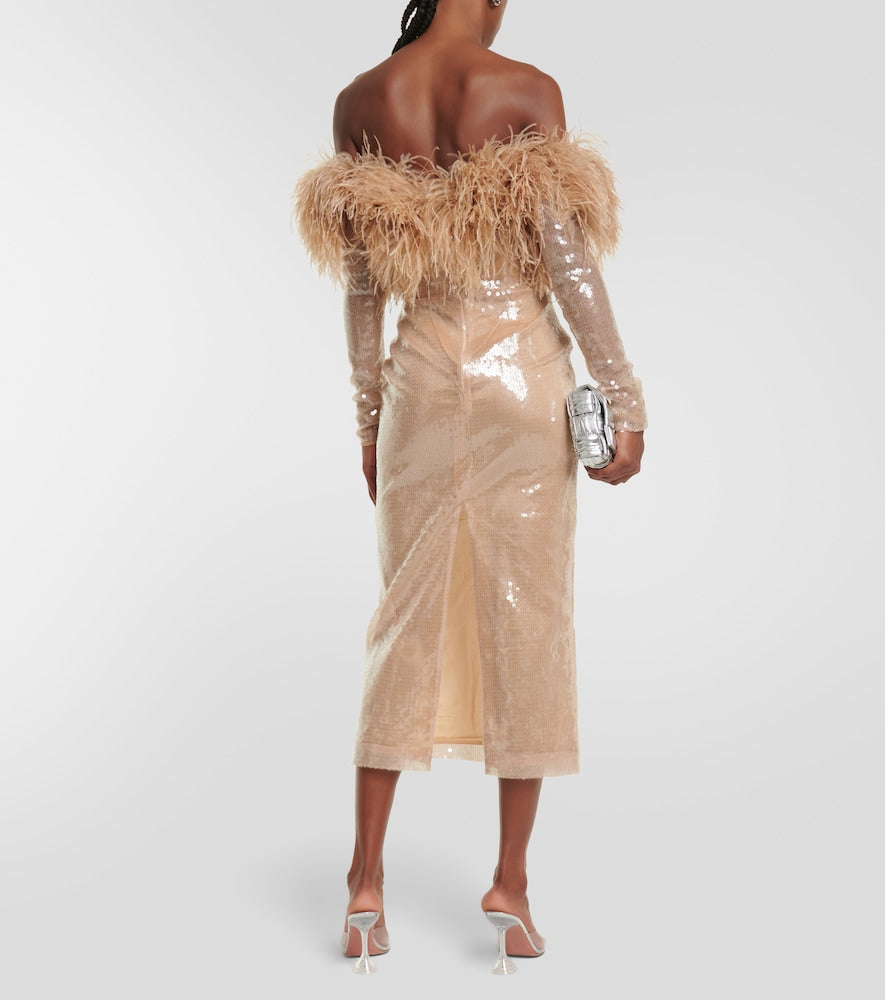 David Koma Feather-trimmed sequined midi dress