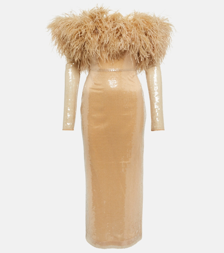 David Koma Feather-trimmed sequined midi dress. David Koma 羽毛饰边亮片中长连衣裙