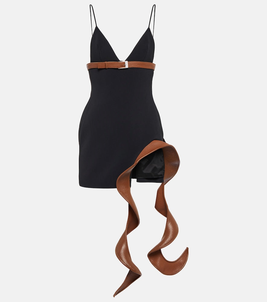 David Koma Leather-trimmed cady minidress. David Koma 皮革饰边绉纱迷你连衣裙
