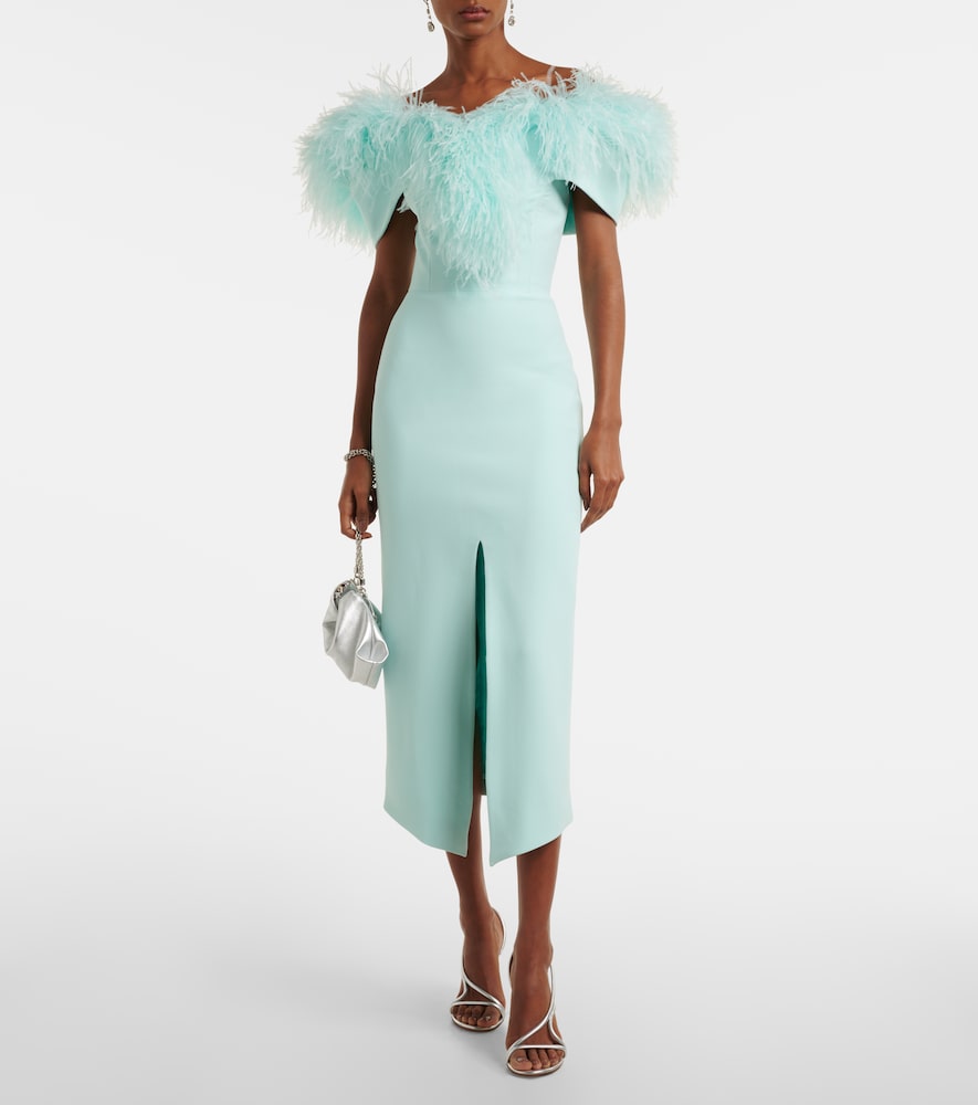 David Koma Off-shoulder feather-trimmed midi dress