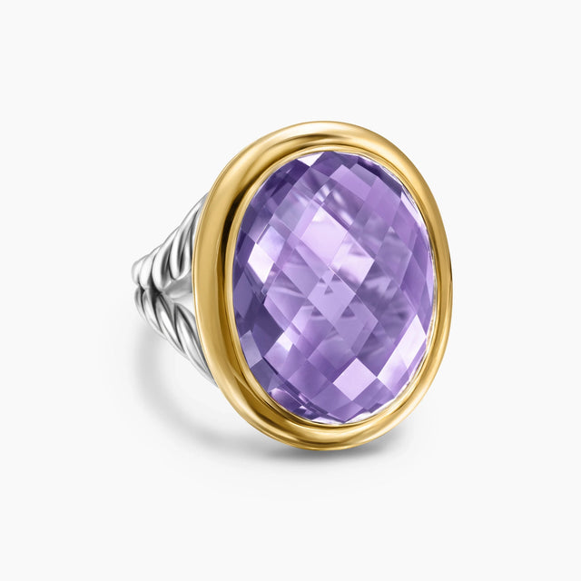 David Yurman Albion Oval Sterling Silver with 18K Yellow Gold and Amethyst 21mm Ring - Size 6