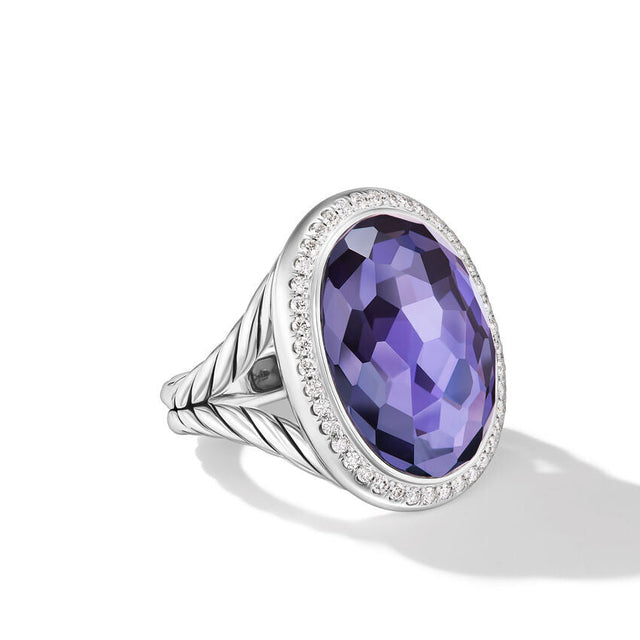 David Yurman Albion Oval Sterling Silver with Black Orchid and Diamonds Ring - Size 7
