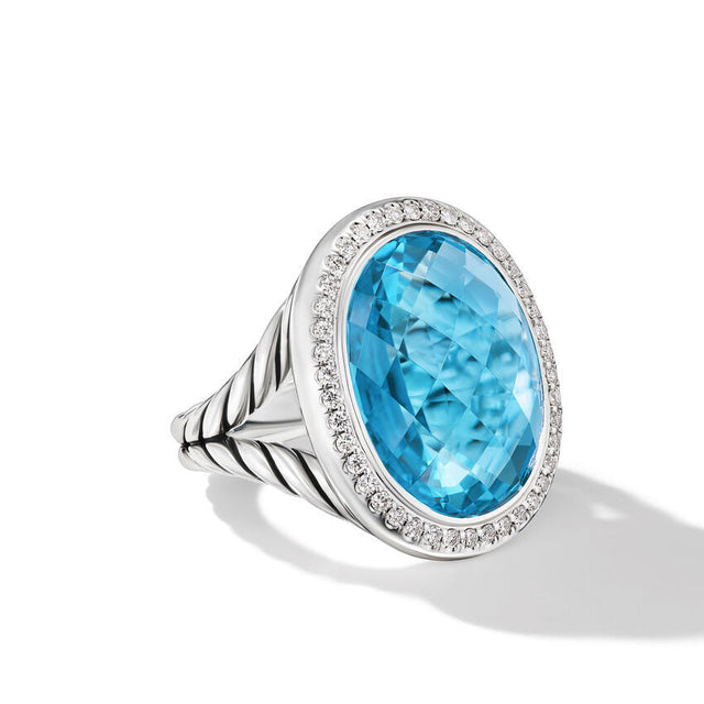 David Yurman Albion Oval Sterling Silver with Blue Topaz and Diamonds 21mm Ring - Size 8