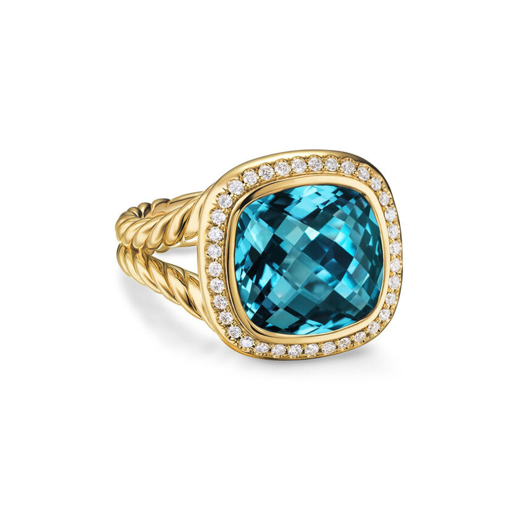 David Yurman Albion Ring in 18K Yellow Gold with Hampton Blue Topaz and Diamonds, 11mm - Size 7